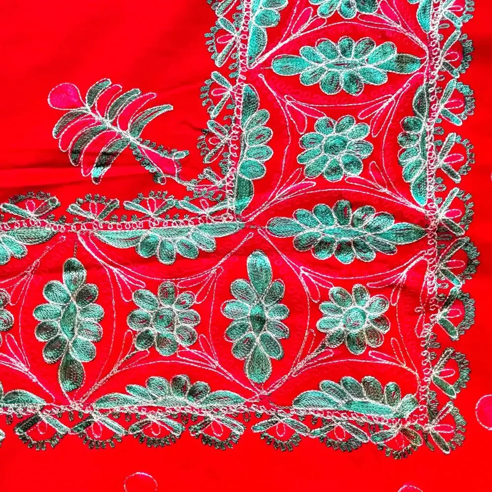 Vintage 1980's Christmas buffet tablecloth red with green & gold embroidery